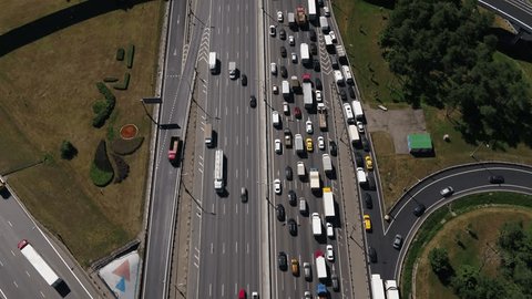 Aerial Moving View Crowded Highway Merging Traffic