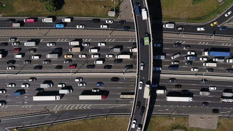 Top Down Drone View Highway Traffic under Overpass