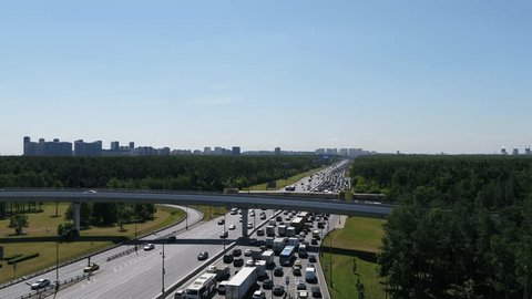 Aerial Highway View Forest Surroundings Distant City