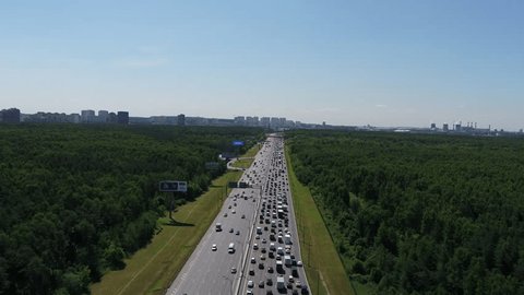 Forward Drone View Highway through Dense Forest