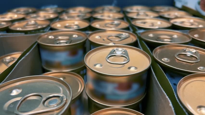 Rows of Wet Pet Food Cans on Store Shelf: Close-Up View of Metallic Tin Containers with Pull-Tab Lids | Selective Focus on Golden Metal Packaging | Retail Display for Cat Nutrition Products
