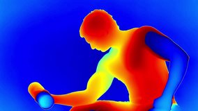 Thermal view of a man performing a seated concentration curl with a dumbbell. Vivid heat zones emphasize upper body exertion during focused strength training. - Powered by Shutterstock - Get 15% off with code: PIKWIZARD15