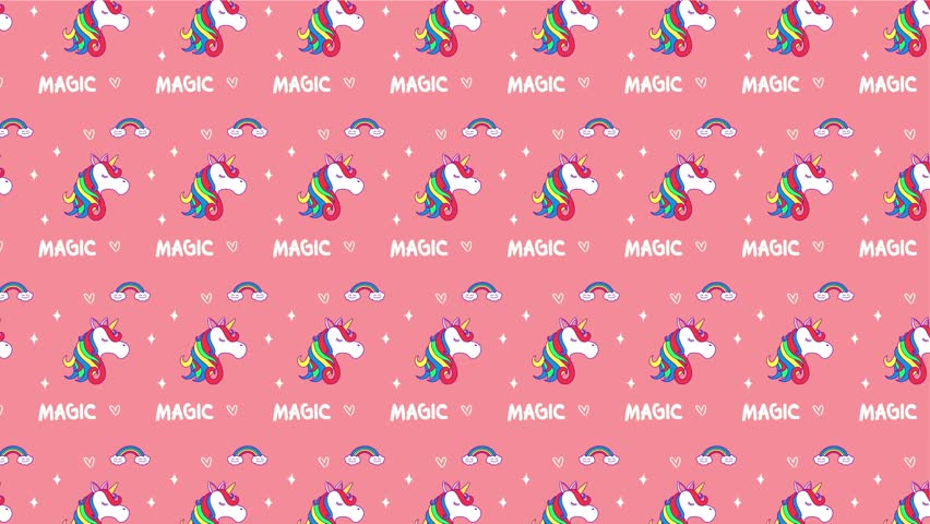 Bright pink background featuring rainbow-maned unicorns, stars, hearts, and the word MAGIC. A whimsical pattern perfect for children’s decor, fabrics, toys, party graphics, and magical branding.