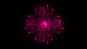Neon pink glowing house icon on a circuit board motherboard abstract background digital technology concept smart home automation network connection data processing - Powered by Shutterstock - Get 15% off with code: PIKWIZARD15