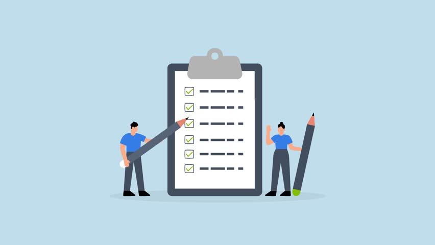 Task checklist, 4k animation business individuals with a clipboard and checklist pencil.