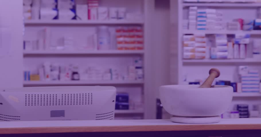 Camera panning, female pharmacist walking to counter, overlays scanning mortar, moving to assist. Pharmacy, staff, medications, shelves, retail, healthcare, modern