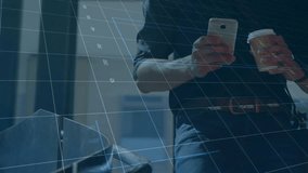 Male office worker tapping smartphone by window and animating finance charts, reviewing data. Analytics, dashboards, phone, holographic, overlay, gridlines, workspace - Powered by Shutterstock - Get 15% off with code: PIKWIZARD15