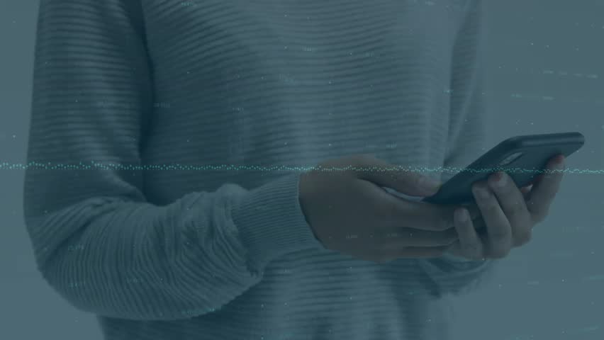 Woman with phone left hand gesturing, holo globe and waveform flaring then fading for tech demo. Device, interaction, hologram, sphere, tap, studio, minimalist - Powered by Shutterstock - Get 15% off with code: PIKWIZARD15