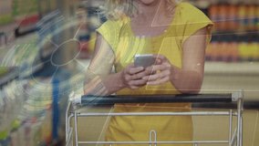 Woman behind grocery cart, placing phone to ear, calling, pointing to confirm, HUD marking shelves. Shopper, supermarket, aisle, retail, vibrant, futuristic, interface - Powered by Shutterstock - Get 15% off with code: PIKWIZARD15