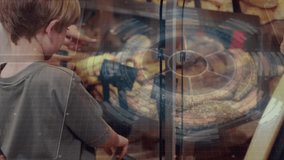 Boy pointing at bakery case children leaning choosing pastries as woman guiding HUD overlaying case. Family, retail, counter, glass, display, breads, curiosity - Powered by Shutterstock - Get 15% off with code: PIKWIZARD15