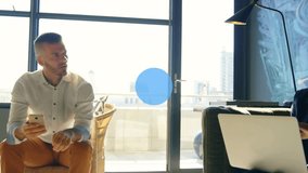 Seated woman typing laptop, initiating blue data overlay across business lounge for team charts. Collaboration, analytics, dashboard, network, icons, skyline, daylight - Powered by Shutterstock - Get 15% off with code: PIKWIZARD15