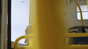 Woman working on laptop in city bus, pole moving away as network icons expanding for networking. Device, urban, commute, candid, connectivity, digital, minimalist - Powered by Shutterstock - Get 15% off with code: PIKWIZARD15