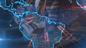 Rotating globe obscuring then revealing craftsman in workshop, tapping tablet and reviewing plans. Woodworker, holographic, orbital, portal, digital, bench, tools - Powered by Shutterstock - Get 15% off with code: PIKWIZARD15