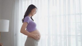 Asian young pregnant woman gently holds and strokes her belly in house. Attractive expectant mother looks at her baby bump with happiness and love, embracing beauty of pregnancy in living room at home - Powered by Shutterstock - Get 15% off with code: PIKWIZARD15