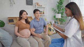Asian young pregnant wife visit maternal health center with her husband. Attractive expectant couple consulting with doctor, receiving support and guidance during a prenatal checkup at the clinic. - Powered by Shutterstock - Get 15% off with code: PIKWIZARD15