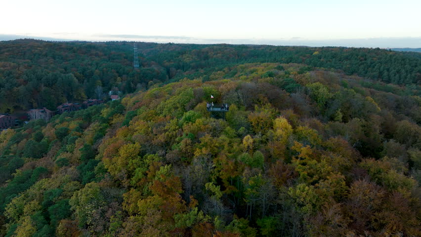 Drone shot of a forested hill covered in autumn colors with a visible observation platform in Gdańsk.