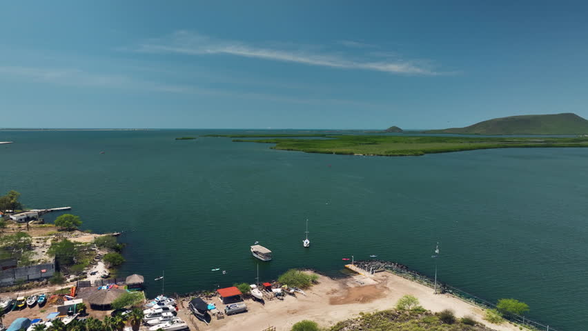 Aerial view of boats on the coast of the Topolobampo village, in sunny Mexico