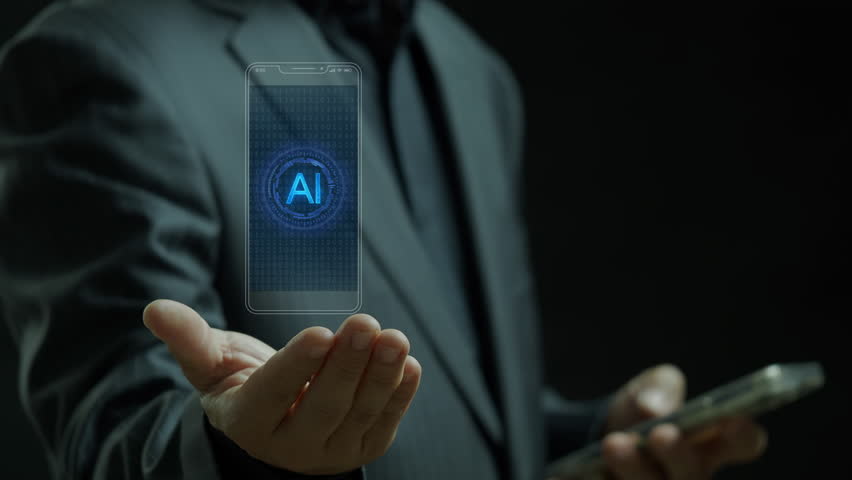Businessman shows animated smartphone displays a glowing AI logo on a digital binary code background. Represents artificial intelligence, mobile technology, and data processing. - Powered by Shutterstock - Get 15% off with code: PIKWIZARD15
