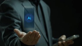 Businessman shows animated smartphone displays a glowing AI logo on a digital binary code background. Represents artificial intelligence, mobile technology, and data processing. - Powered by Shutterstock - Get 15% off with code: PIKWIZARD15