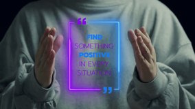 Young woman shows animated neon quote box with the message "FIND SOMETHING POSITIVE IN EVERY SITUATION." Represents motivation, positive mindset, and personal growth. - Powered by Shutterstock - Get 15% off with code: PIKWIZARD15
