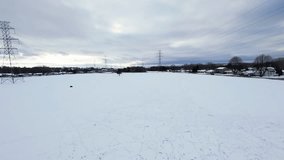 Cinematic FPV drone flyover above a snowy winter field with a single tree, power lines and distant houses. Smooth motion, atmospheric cold tones and wide minimalistic composition. - Powered by Shutterstock - Get 15% off with code: PIKWIZARD15