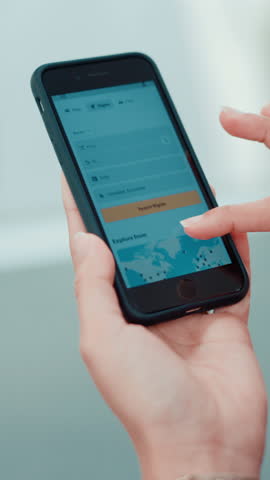 Person, hands and phone screen with navigation app for flight, online booking or planning trip. Traveler, user or scrolling with mobile smartphone display or airline website for global journey