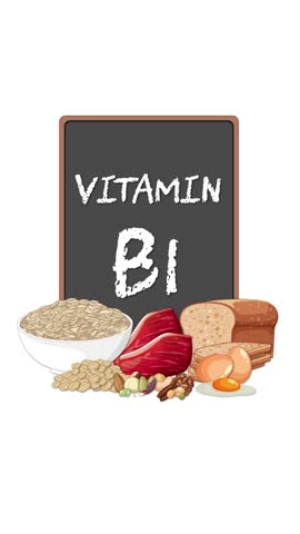 Chalkboard text and healthy foods animate in, highlighting Vitamin B1 thiamine dietary sources