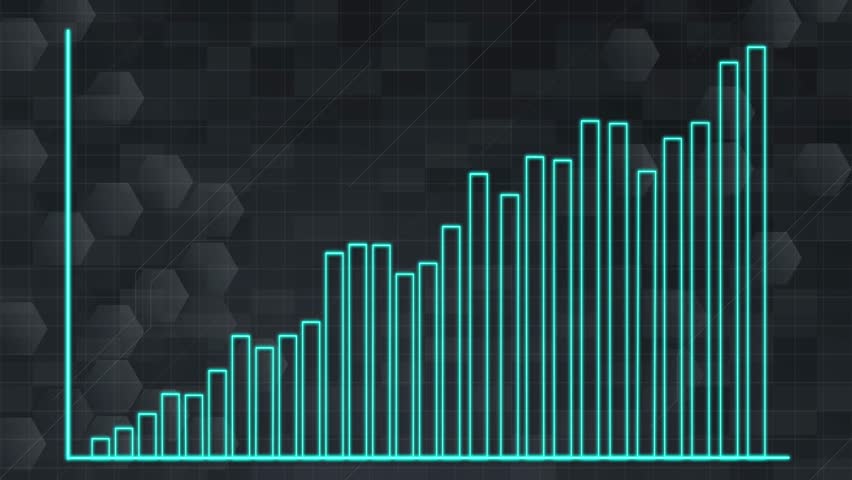 Neon blue bar graph animates upward on dark hexagonal grid, simulating financial or data growth - Powered by Shutterstock - Get 15% off with code: PIKWIZARD15