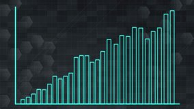 Neon blue bar graph animates upward on dark hexagonal grid, simulating financial or data growth - Powered by Shutterstock - Get 15% off with code: PIKWIZARD15
