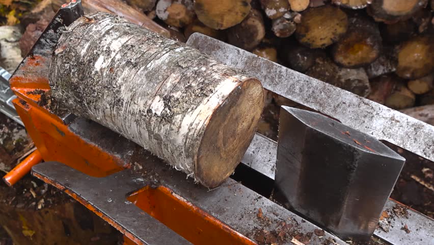 Side view of a birch log timber or firewood material being split in half or into pieces by a wood splitter machine in slow motion at autumn nature with wooden logs in the bokeh blurry background.