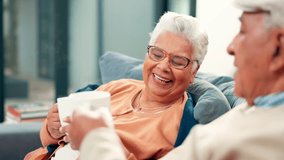 Cheers, coffee and elderly couple on sofa in home with bonding, love and marriage together. Happy, toast and senior man with woman drinking warm beverage in living room on weekend at apartment. - Powered by Shutterstock - Get 15% off with code: PIKWIZARD15