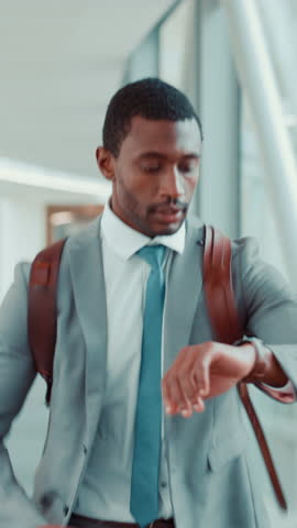 Black man, watch and rush with delay for flight, boarding termination or late schedule in airport. Businessman, busy or running with wristwatch or stress for travel time, mistake or plane departure