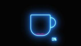 High-tech coffee cup with bright red liquid at 100% and animated loading text on black background. Neon coffee cup with red liquid and loading text with 100% percent indicator on black background. - Powered by Shutterstock - Get 15% off with code: PIKWIZARD15