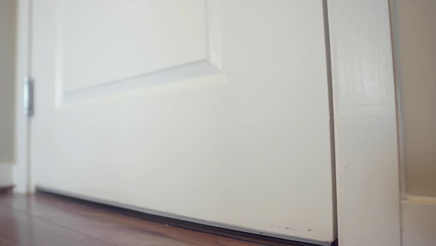 A low-angle view of an open apartment door leading into an empty hallway, capturing quiet interior space, clean lines, and subtle architectural atmosphere.