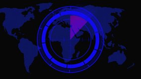 Digital World Map with Blue Radar Scope Targeting Africa with Purple Scan Beam dots. Futuristic digital world map with blue radar and purple scan beam on Africa in hd abstract tech design for motion  - Powered by Shutterstock - Get 15% off with code: PIKWIZARD15