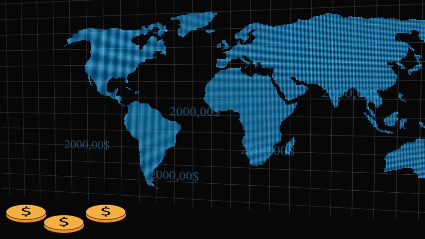 Blue World Map Bar Chart with Stacks of Gold Coins and Upward Arrow. Digital blue global map with bar chart, gold coin stacks, and rising arrow in hd sleek futuristic finance visualization