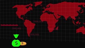 Red Pix elated World Map with Bar Graph, Upward Arrow, Money Bag and Coins on Black Background.High tech red pixelated world map with bar graph, upward arrow, and stacked coins in hd modern financial  - Powered by Shutterstock - Get 15% off with code: PIKWIZARD15