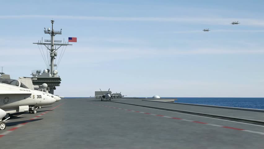 CGI of F18 fighter jets launching from an aircraft carrier, illustrating military aviation, naval operations, and aerial combat simulation.