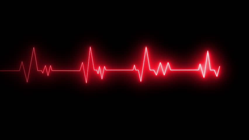 Vital signs on medical monitors, looping 4K of neon red electrocardiogram (ECG) graph lines on black background. Medical concept showing heart rate.