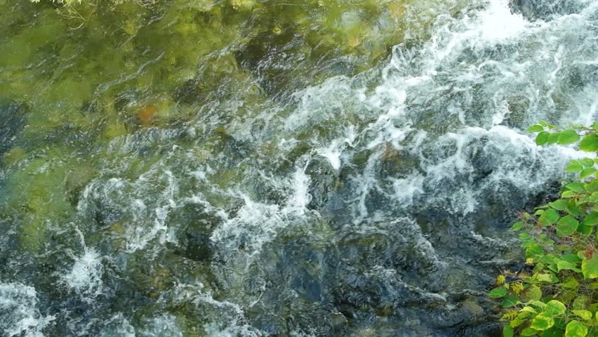 Slow Motion Top View of Foamy Rapid River Flow