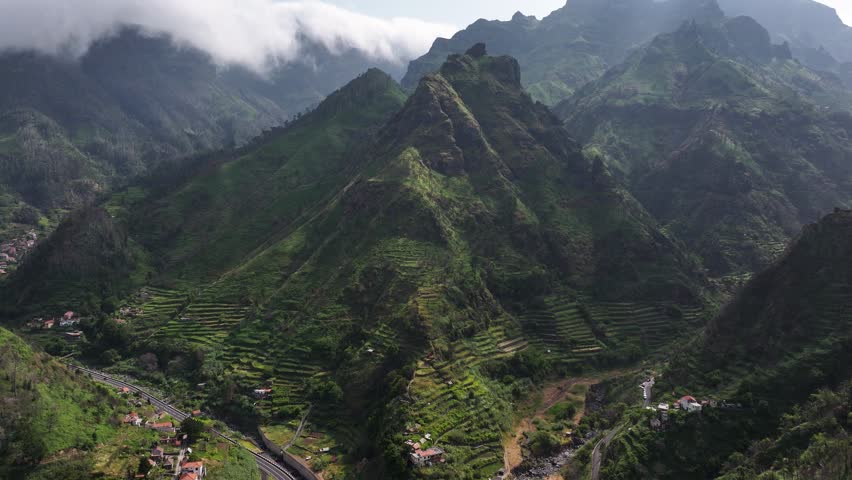 Lush mountainous landscape of Serra de Agua on Madeira interior, aerial