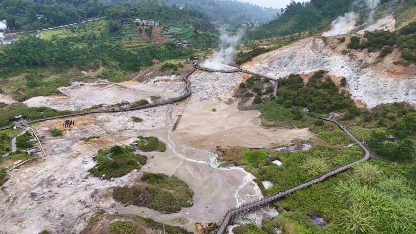 Aerial view of Kawah Sikidang in Dieng Plateau, Wonosobo, showing steaming sulfur vents, volcanic terrain, and walking paths surrounded by lush green hills.