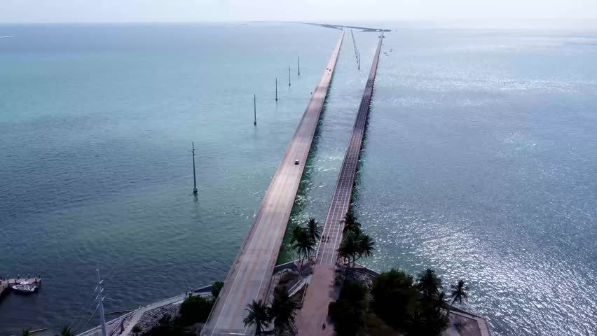 Key West Florida Keys 2025 drone shots flying over new Seven mile bridge, Aerial shot of the Seven Mile Bridge in Florida which connects several of the Florida Keys on the way to Key West.