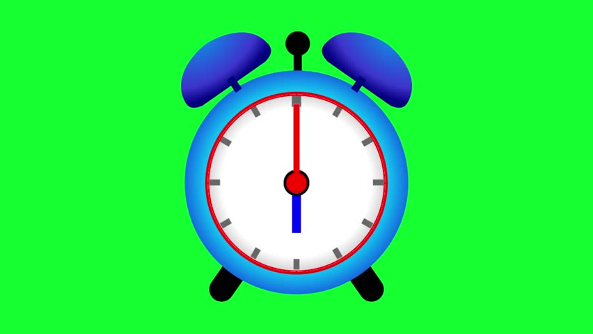 Analog clock animation 6 hours later alarm sounds with green background.
