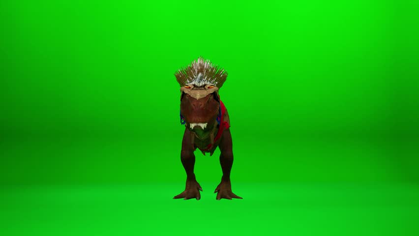 A photorealistic 3D CGI Dinosaur or Primal Warrior performing a dynamic and aggressive dance sequence on a green screen. Captured at 60fps for smooth slow motion VFX.