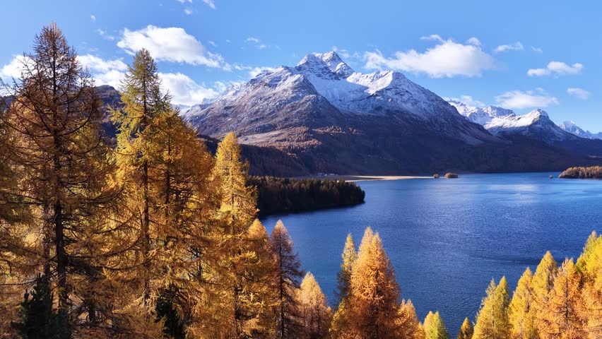 Alpine lake panorama with golden larch forest and snow-capped mountain peaks.
