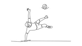 Animated self drawing of continuous line draw young man soccer freestyle athlete executing a bicycle kick or overhead trick with a ball. Dynamic skill and acrobatics. Full length single line animation - Powered by Shutterstock - Get 15% off with code: PIKWIZARD15