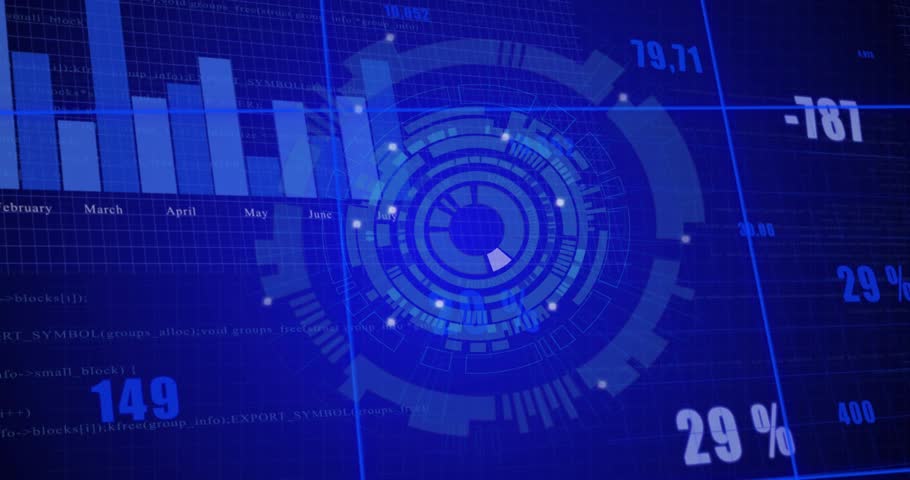 On percent update central HUD rotating and pulsing, rings elongating to visualize real-time data. Dashboard, interface, analytics, metrics, monitoring, grid, digital