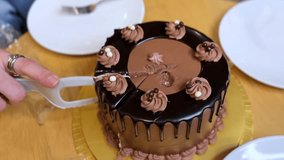 hands cutting and serving a slice of chocolate drip cake, showing rich layers, frosting, and decorative toppings. Perfect for dessert, baking, celebration, and lifestyle content. - Powered by Shutterstock - Get 15% off with code: PIKWIZARD15