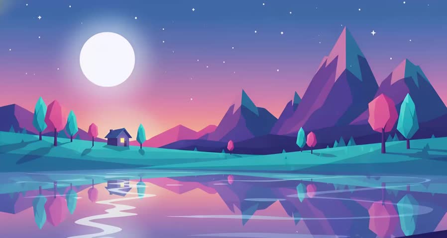 Cozy low-poly landscape animation featuring a small house and colorful trees reflecting on a lake under a starry night sky.